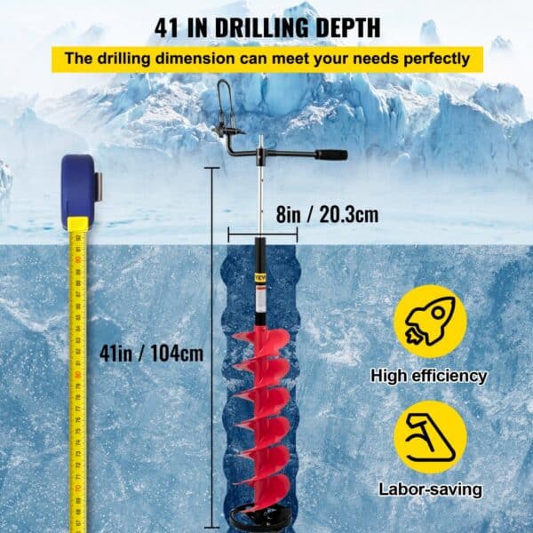 VEVOR ice drill auger with 41in depth, 8in diameter, high efficiency, labor-saving.