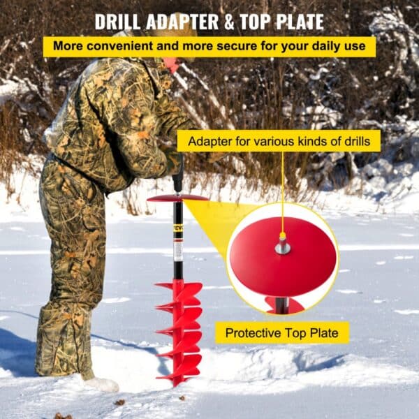 person using VEVOR ice drill auger with adapter and protective top plate on ice.