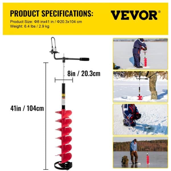 VEVOR ice drill auger, 41in/104cm height, red spiral blade, used in ice fishing.