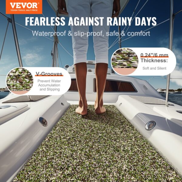 VEVOR boat flooring on deck, showing waterproof, slip-proof features with v-grooves and 0.24" thickness.