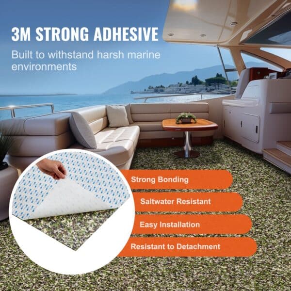 3m adhesive VEVOR boat flooring with easy installation, saltwater resistance, strong bonding, and durability.