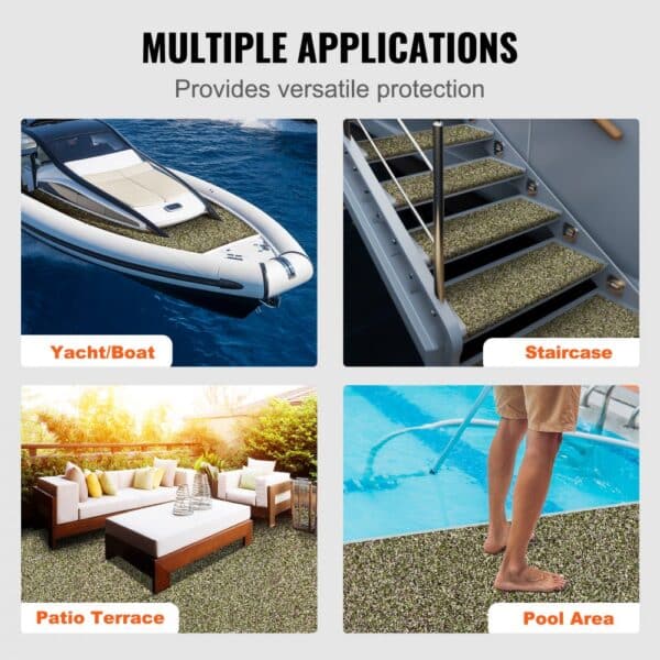 multiple applications of VEVOR boat flooring on yacht, stairs, patio, and poolside for versatile protection.