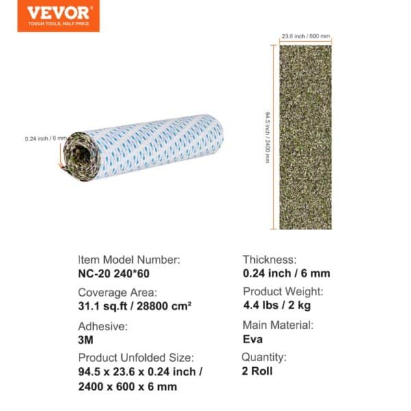 VEVOR boat flooring specifications including size, weight, and material; 3m adhesive and eva main material.