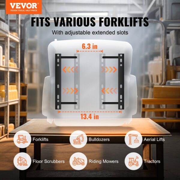 VEVOR forklift seat with adjustable slots fitting forklifts, bulldozers, aerial lifts, and tractors.