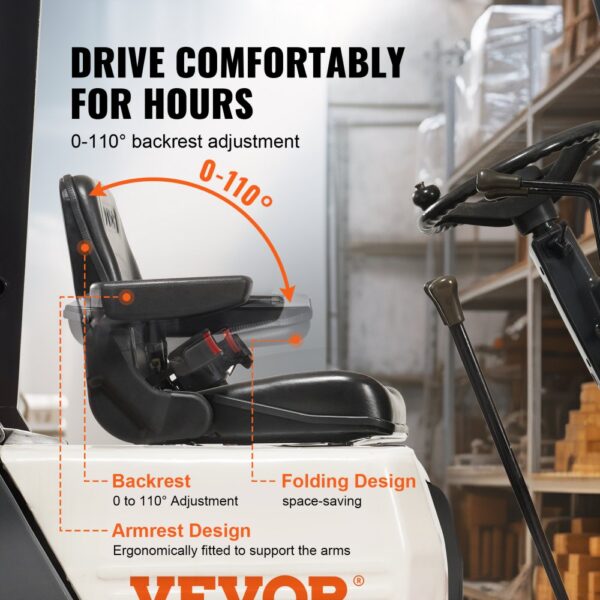 VEVOR forklift seat with 0-110° backrest adjustment, armrest design, and folding for space-saving.