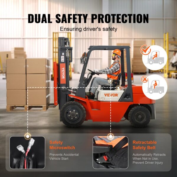 VEVOR forklift with dual safety protection, featuring a safety microswitch and retractable safety belt.