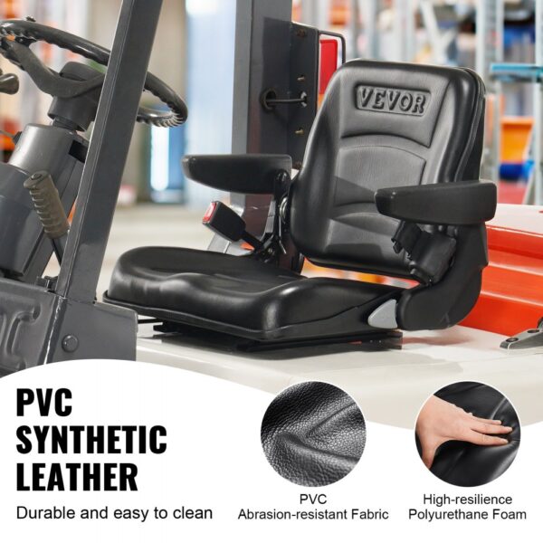 VEVOR forklift seat made of pvc synthetic leather with abrasion-resistant fabric and high-resilience foam.