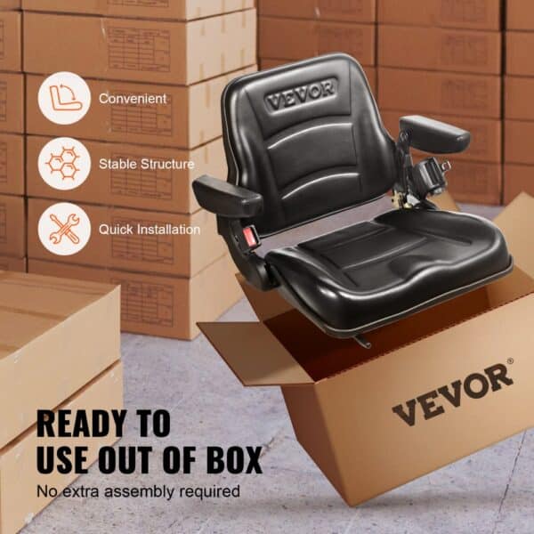 VEVOR forklift seat, ready to install, surrounded by boxes with text highlighting convenience and stability.