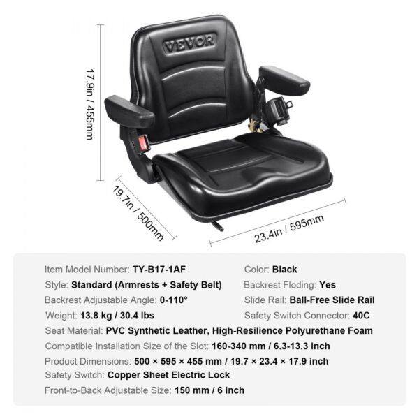 black VEVOR forklift seat with armrests, safety belt, pvc synthetic leather, adjustable backrest.