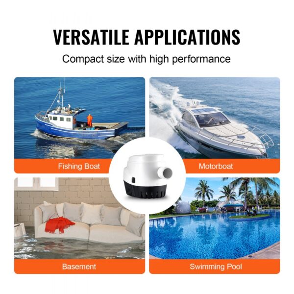 VEVOR bilge pump for fishing boats, motorboats, basements, and swimming pools.