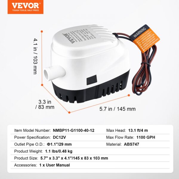 VEVOR bilge pump with dimensions, power specification dc12v, and max flow rate of 1100 gph.