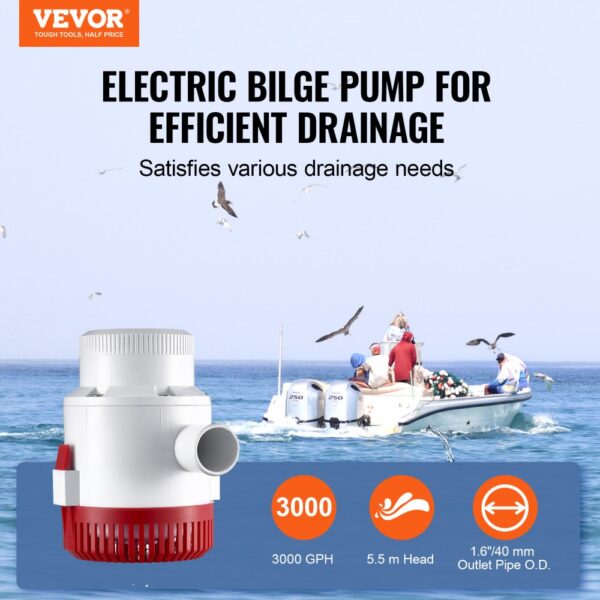 VEVOR bilge pump for efficient drainage on a boat, displayed with features and specifications.