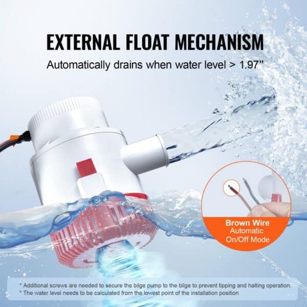 VEVOR bilge pump with automatic external float mechanism, drains water when level exceeds 1.97 inches.