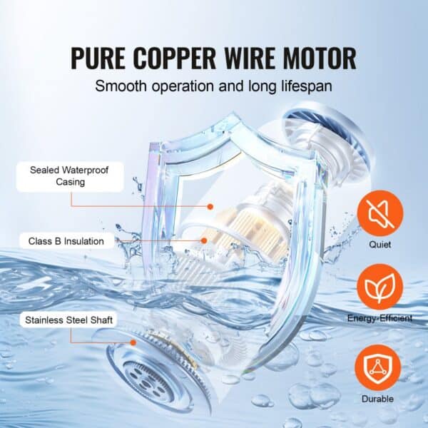 pure copper wire motor with sealed waterproof casing, class b insulation, and stainless steel shaft. VEVOR bilge pump.