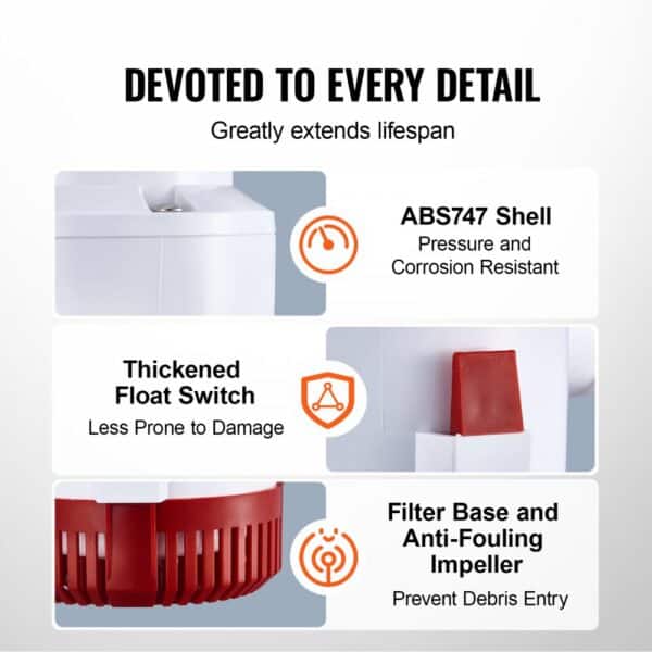 VEVOR bilge pump features durable abs747 shell, thickened float switch, and anti-fouling impeller.