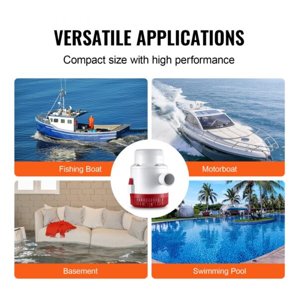 VEVOR bilge pump, useful for fishing boat, motorboat, basement, and swimming pool applications.