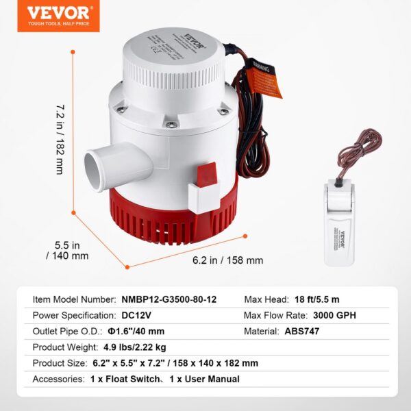 VEVOR bilge pump specifications and dimensions; includes float switch and user manual.