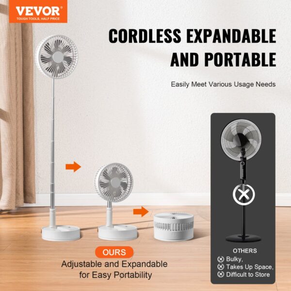 VEVOR foldable oscillating fan: cordless, expandable, portable, adjustable fan for easy portability.