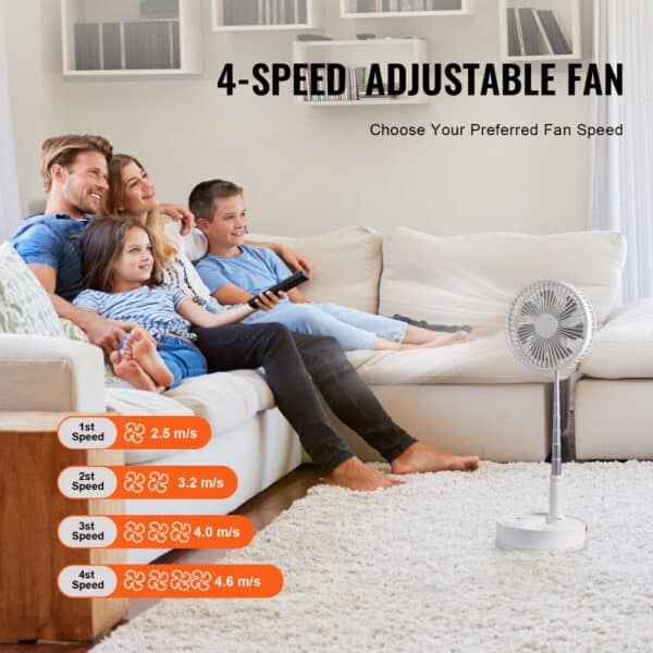 family relaxing on a couch with a VEVOR foldable oscillating fan, displaying four adjustable speed settings.