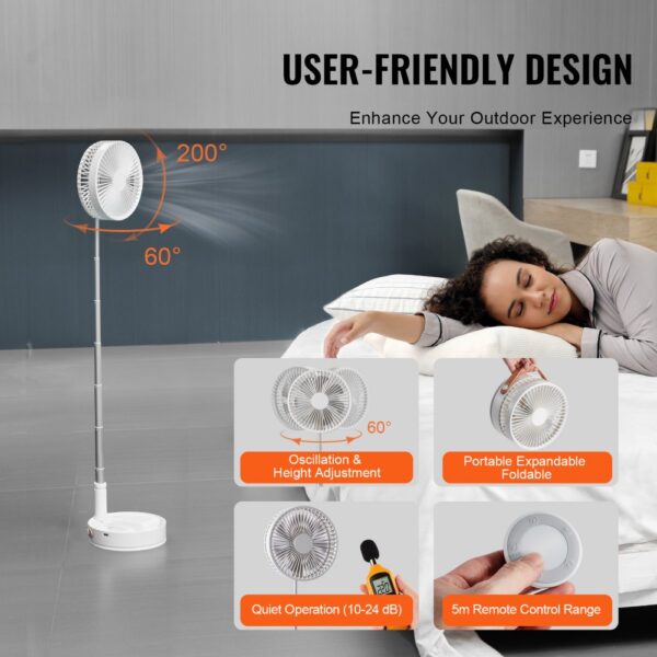 VEVOR foldable oscillating fan with remote, adjustable height and angle, quiet operation, portable.