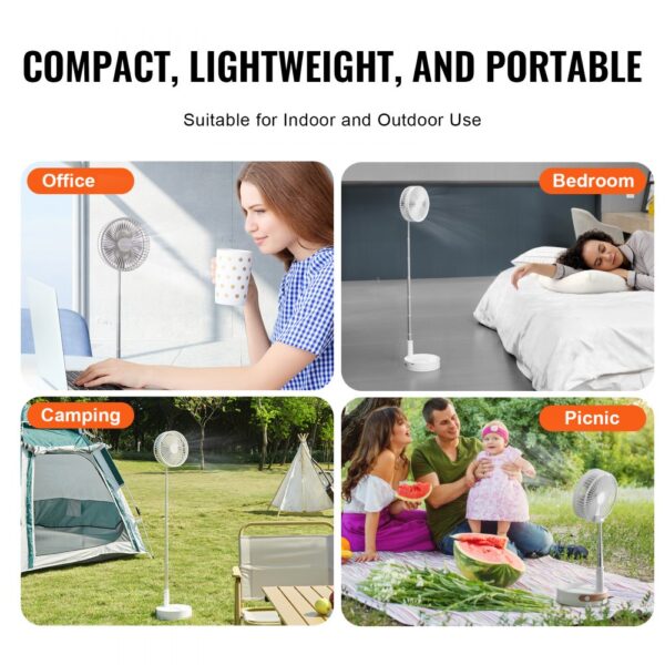 VEVOR foldable oscillating fan for office, bedroom, camping, and picnic use; compact and portable.