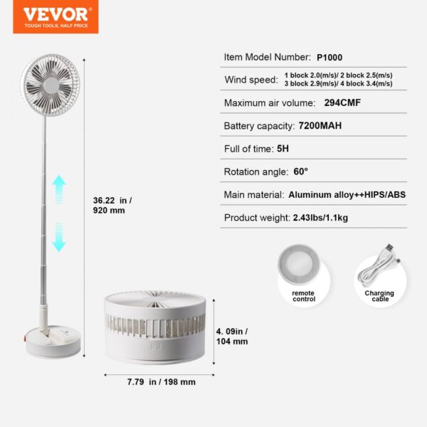 VEVOR foldable oscillating fan, 36.22in height, 294cmf max air, 7200mah battery, 60° rotation.