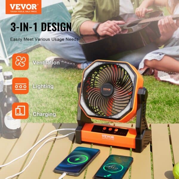 VEVOR portable fan with 3-in-1 design for ventilation, lighting, and charging; great for outdoor use.