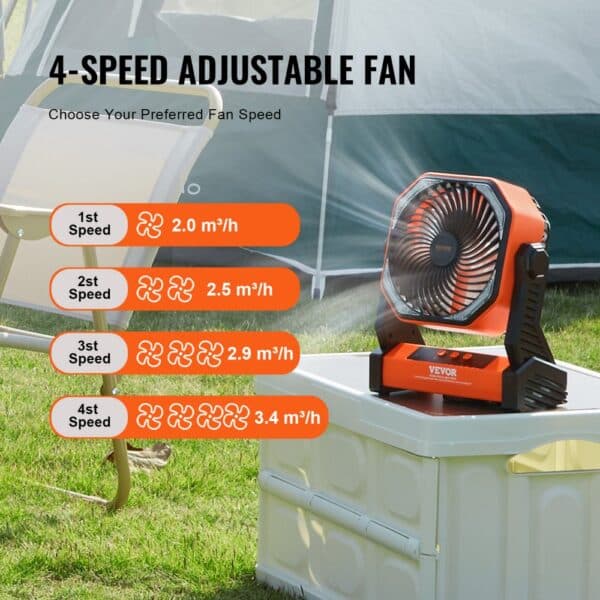 4-speed adjustable VEVOR portable fan on a table in outdoor setting, showcasing different speed options.