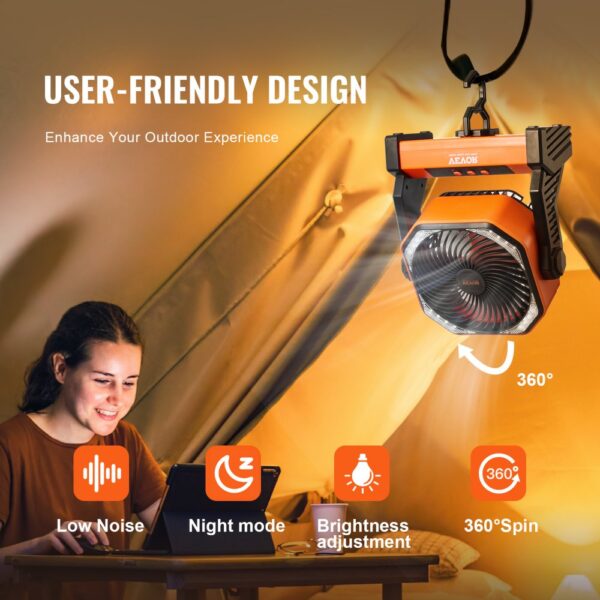 user-friendly design in a tent with VEVOR portable fan, featuring low noise, night mode, and 360° spin.