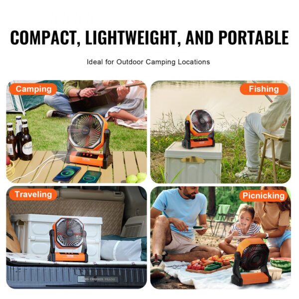 VEVOR portable fan ideal for camping, fishing, traveling, and picnicking; compact, lightweight, and portable.