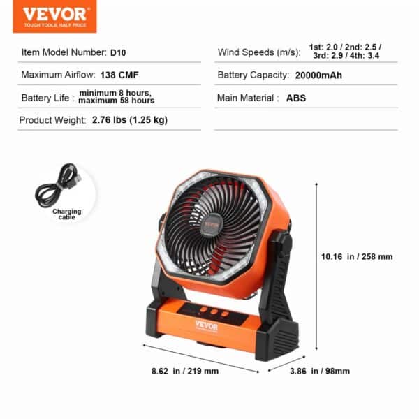 VEVOR portable fan with 138 cmf airflow, 20,000mah battery, 4 wind speeds, abs material, and usb charging cable.