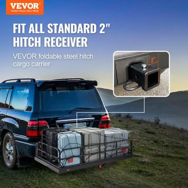 VEVOR trail hitch cargo carrier mounted on an suv in a scenic outdoor setting, compatible with 2" hitch receivers.