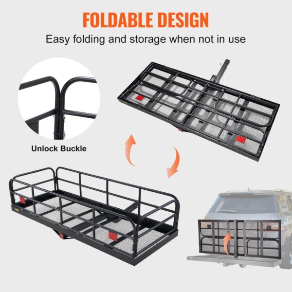 foldable VEVOR trail hitch cargo carrier with easy folding and storage, unlock buckle, and vehicle mount.