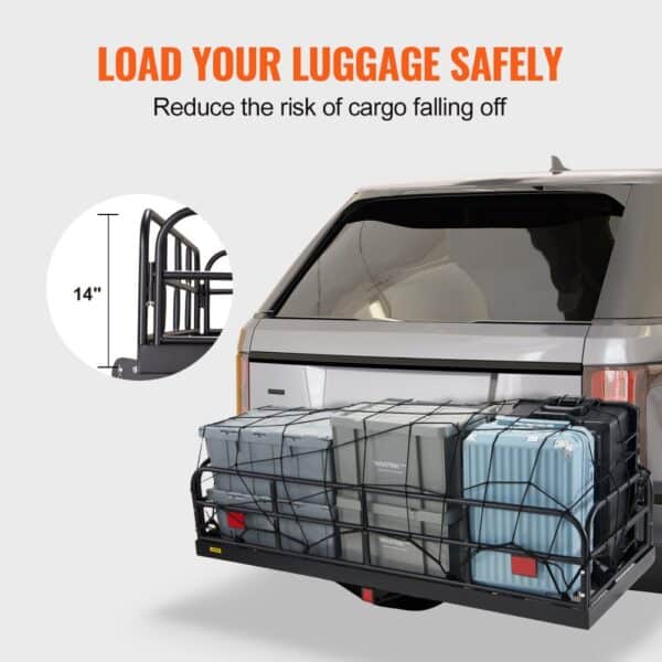 suv with VEVOR trail hitch cargo carrier loaded with secured luggage containers and a measurement of 14 inches.