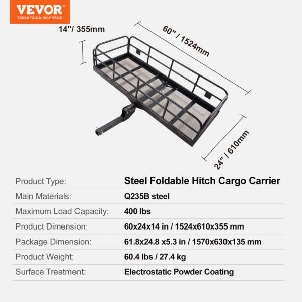 VEVOR trail hitch cargo carrier, steel foldable design, 400 lbs max load, 60x24x14 inches dimensions.