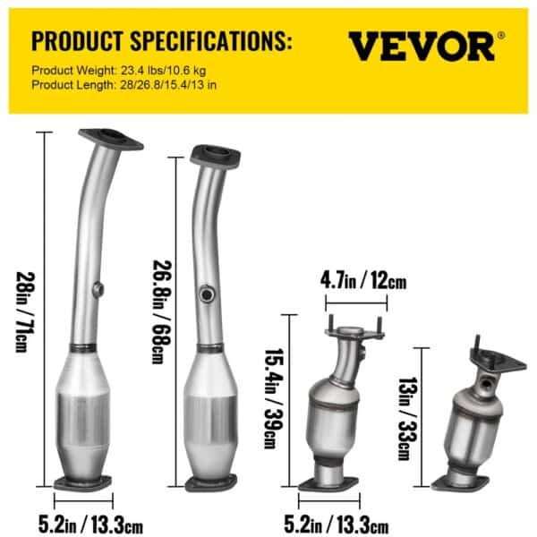 VEVOR exhaust manifold product specifications with lengths and widths displayed.