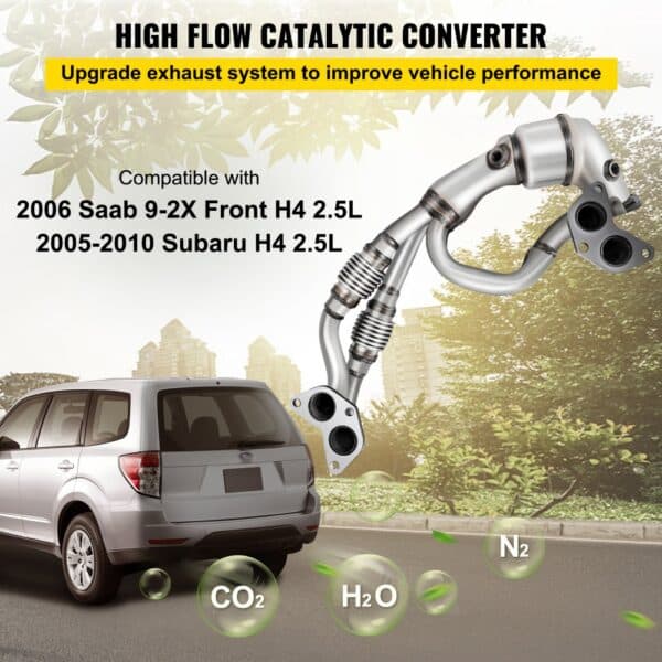 VEVOR catalytic converter subaru with compatibility info and exhaust benefits displayed.