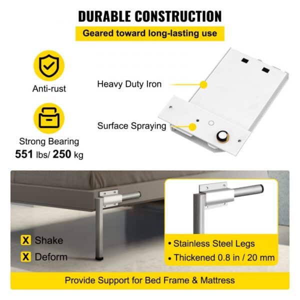 VEVOR murphy bed kit; durable, anti-rust, 551 lbs capacity, stainless steel legs.