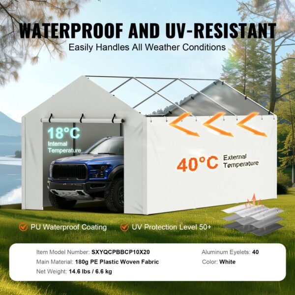 VEVOR carport canopy cover with waterproof and uv-resistant features, showing temperature control.