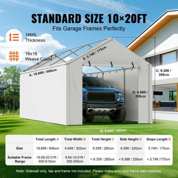 VEVOR carport canopy cover, 10×20 ft, 16mil thickness, 16×16 weave, fits garage frames, white.