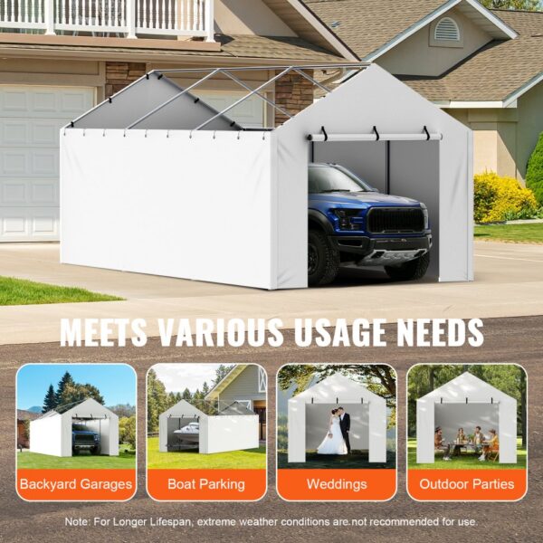 VEVOR carport canopy cover shielding blue truck, with usage scenarios like backyard garages and weddings.