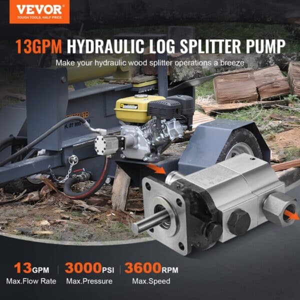 VEVOR hydraulic wood splitter pump on a blue log splitter with cut wood in background