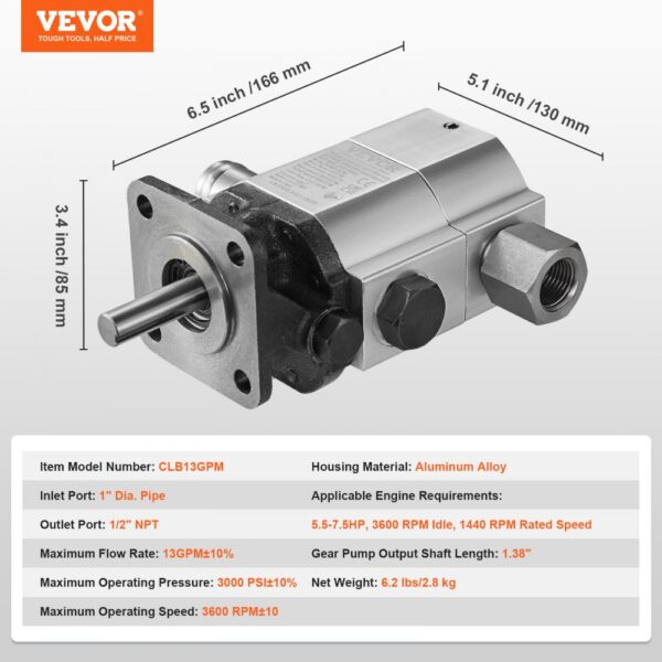 VEVOR hydraulic wood splitter pump with specifications and usage illustrations