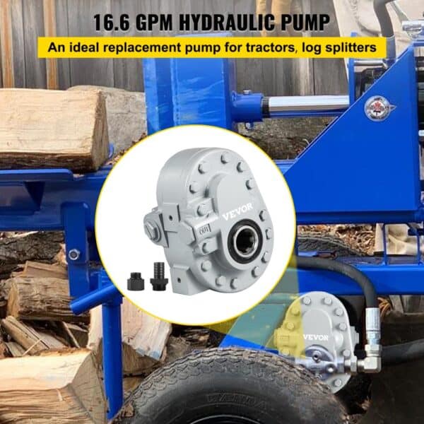 VEVOR hydraulic pump for tractors and log splitters in a woodcutting setup.