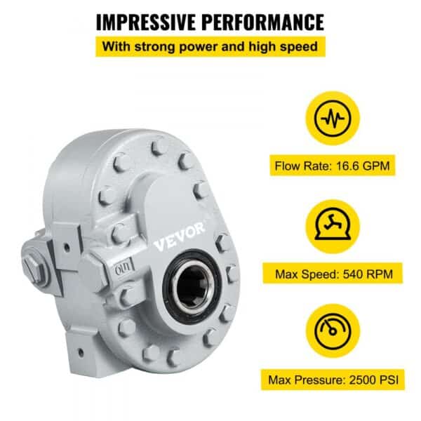 VEVOR hydraulic pump showcasing 16.6 gpm flow rate, 540 rpm speed, and max pressure 2500 psi.