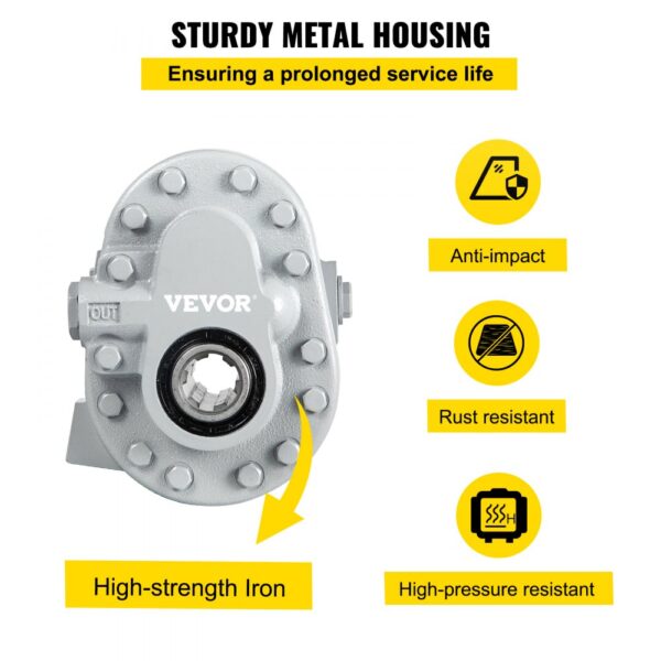 VEVOR hydraulic pump with sturdy metal housing, high-strength iron, and rust resistance.