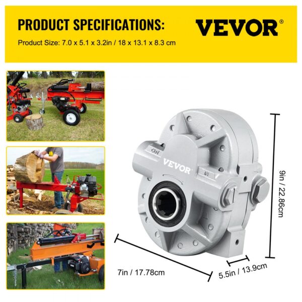 VEVOR hydraulic pump with dimensions and wood-splitting applications shown in photos.