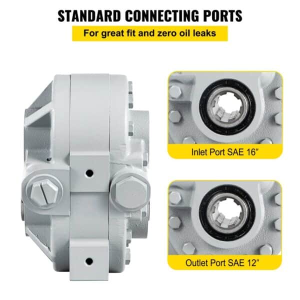 VEVOR hydraulic pump with sae 16" inlet and sae 12" outlet ports for zero oil leaks.