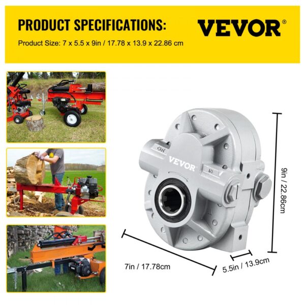 VEVOR hydraulic pump product specifications with images of wood splitting applications.
