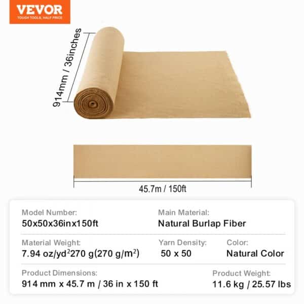 VEVOR Burlap Fabric Roll Burlap Tree Wrap 36 in x 150 ft for Crafts & Plants